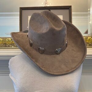 Brown Suede Cowboy Hat with Silver Heart Accents